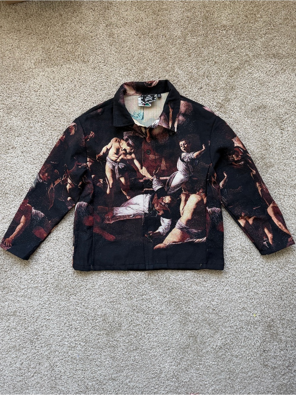 NWT Rebel Vengeance Tapestry Jacket Men M Caravaggio Saint Rhinestone Shacket